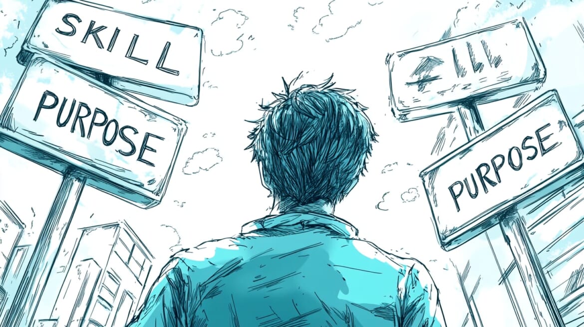 マーケティング戦略の前に考えるべき、スキルと目的の違いを表現したイラスト