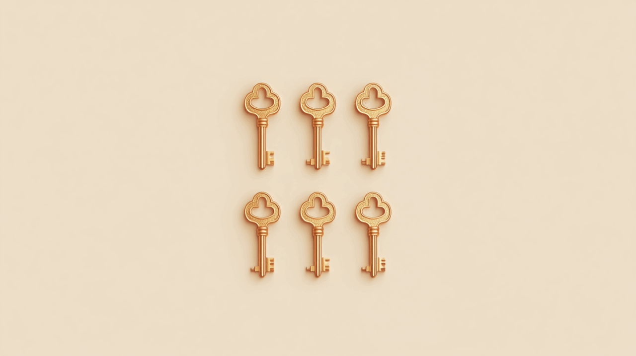 7つの黄金の鍵が円を描くように配置され、ユダヤのビジネスの知恵を象徴している最小限のイラスト