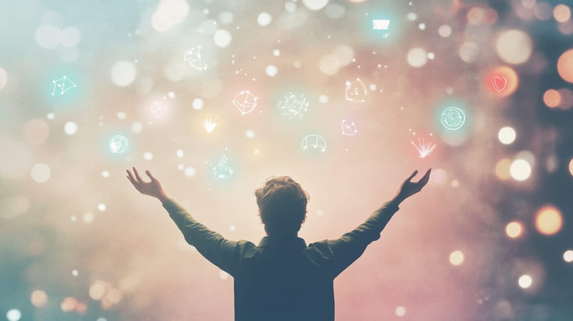 さまざまなスキルを表すアイコンをジャグリングする人物