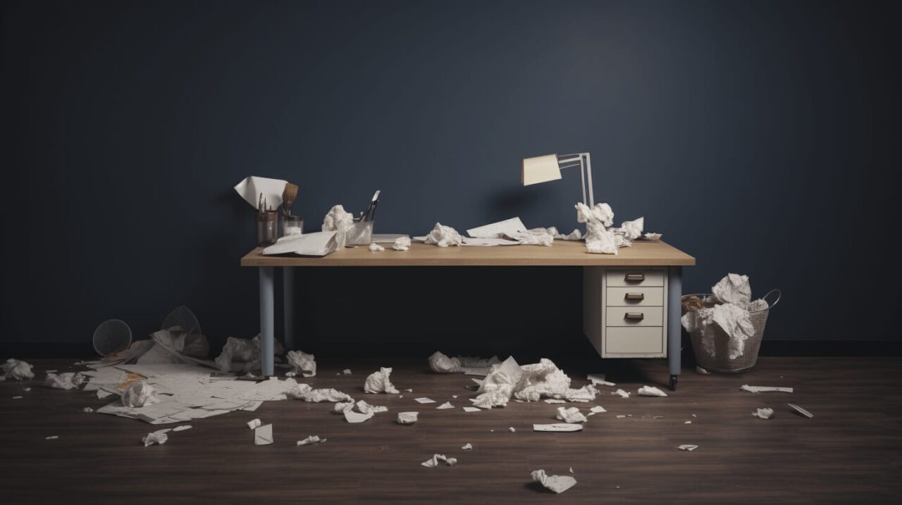 起業 アイデアに悩む様子を表現する散らばった丸めた紙