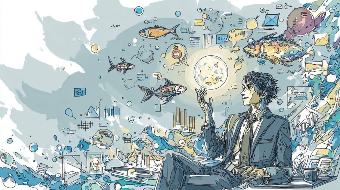 経営者がAIと頭の中でキャッチボールしている様子。ビジネスアイコン、グラフ、魚やドローン、ニュースや選挙ネタなども散りばめられたコミカルなイメージ