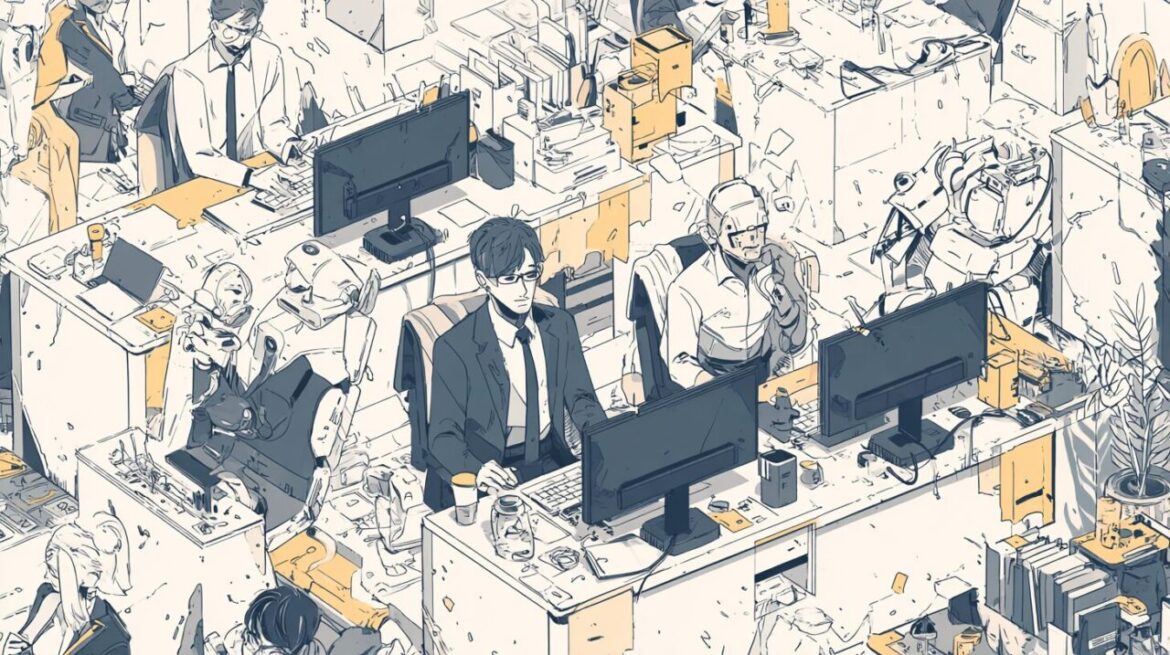 AIの進化に振り回される人間の哀愁イラスト