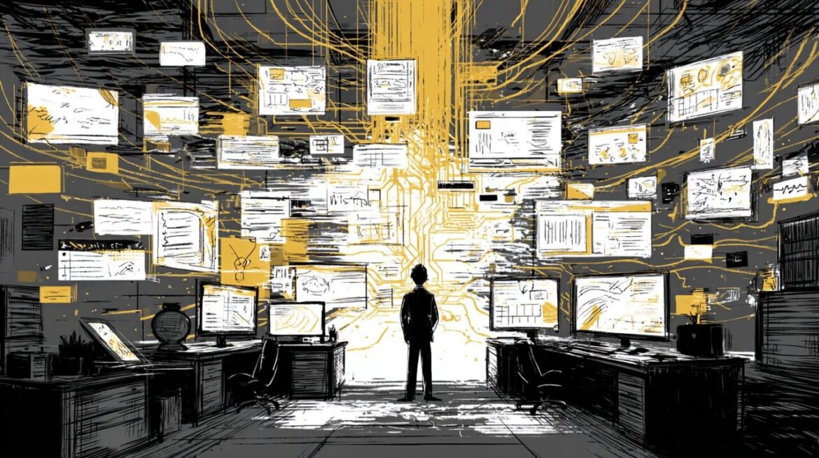 AIが複雑な業務を一撃で自動化するイラスト