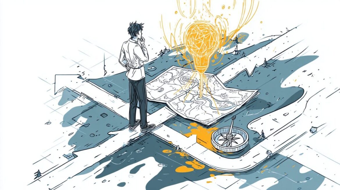 分岐する道の前で立ち止まる経営者、片手にはAIアイコン、もう片手には地図やコンパスを持っているイメージ