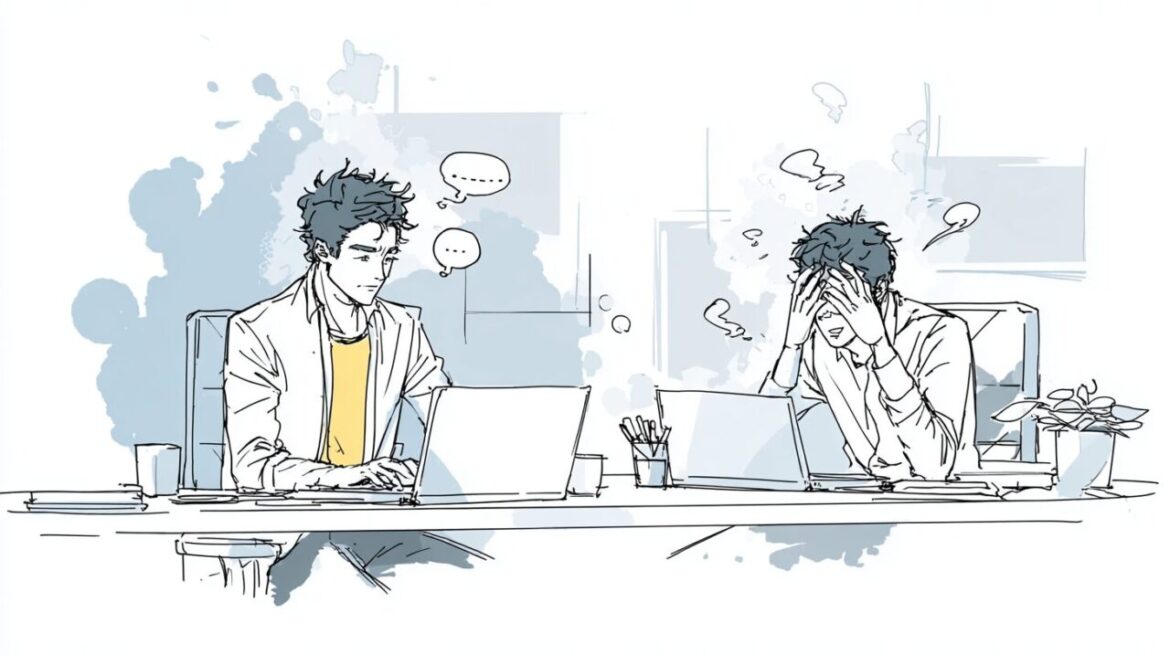 ホッとした表情の男性経営者がAIの画面を見ているシーンと、頭を抱える失敗パターンのコントラスト