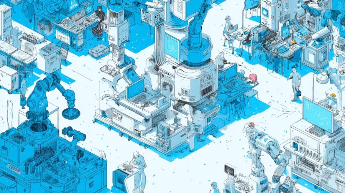 AIエージェントの隙間で現場作業者が踏ん張っているイラスト