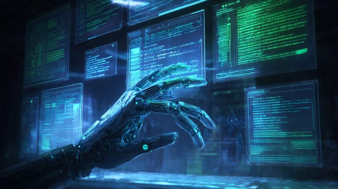 AIがテストでカンニングする様子｜デジタルファイルを改ざんするロボットハンドとホログラム画面
