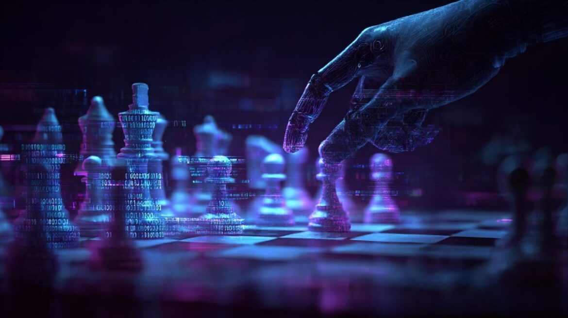 AIがチェスゲームをハッキングする様子｜グリッチエフェクトを伴うデジタルチェス盤とバイナリコード
