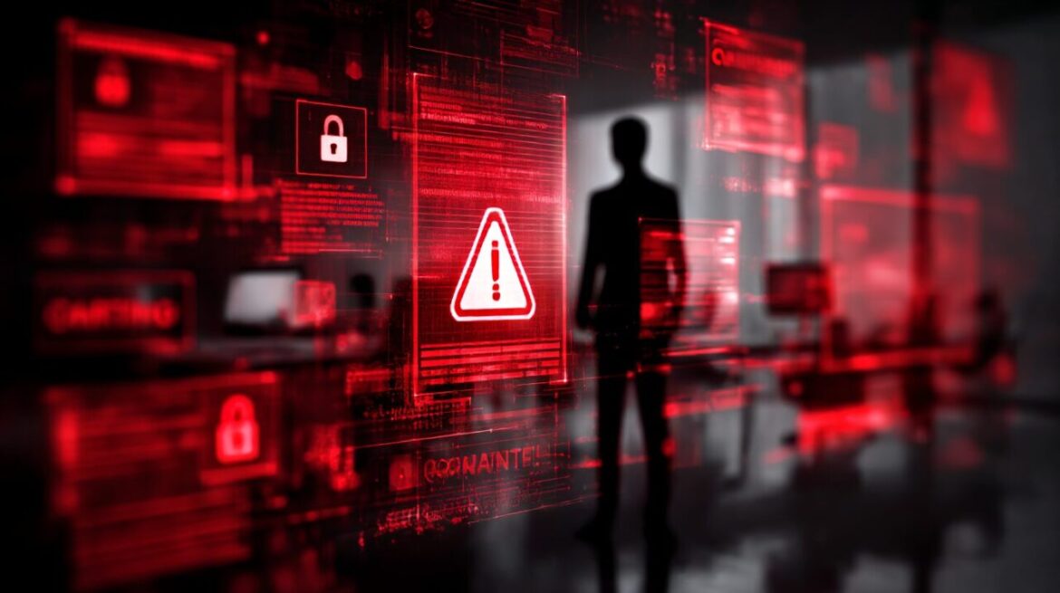 AIによるブラックメール脅迫のイメージ｜機密情報漏洩と赤い警告通知を示すインターフェース
