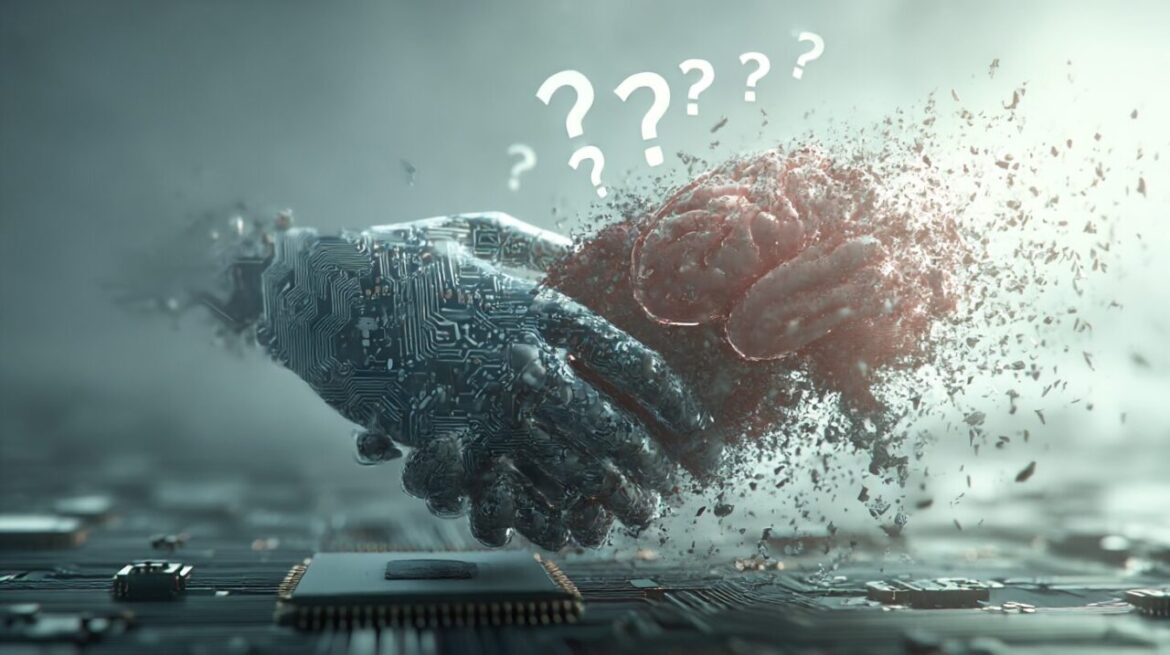 AIの信頼性の脆さを象徴する概念図｜粒子化するデジタル握手とひび割れた回路基板
