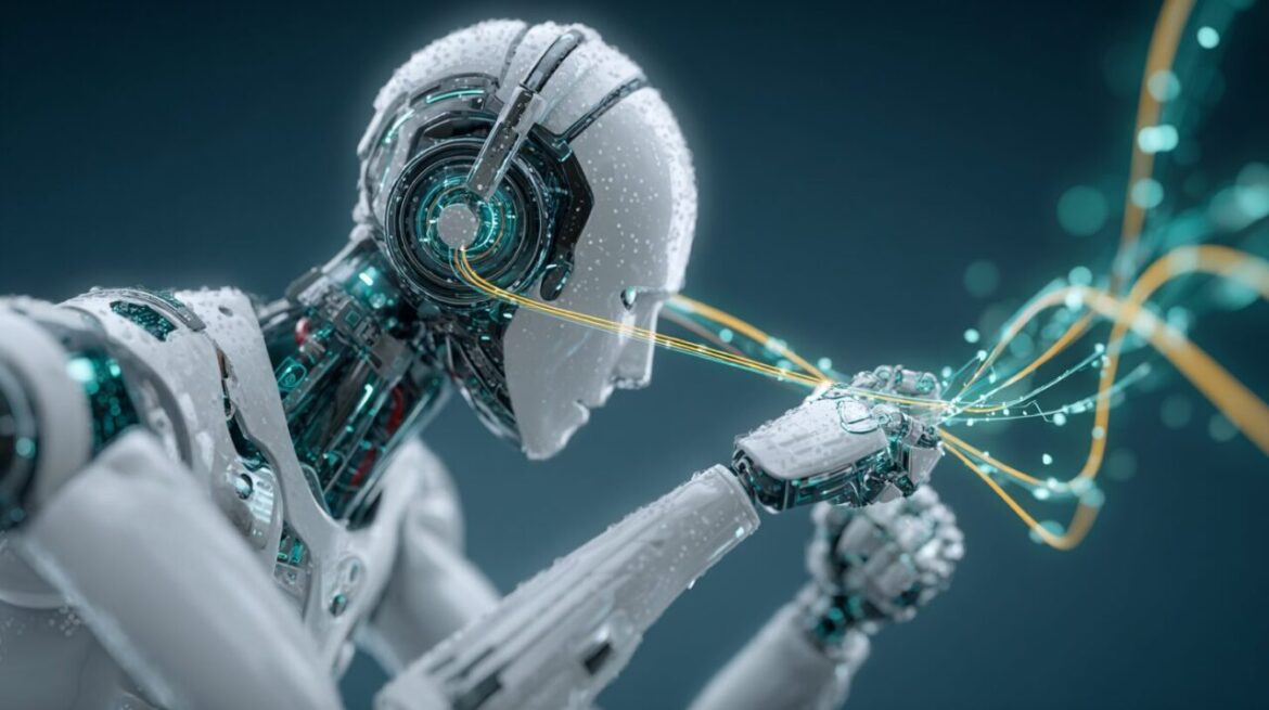 AIと検索エンジンの接続を示すデータケーブルとロボット