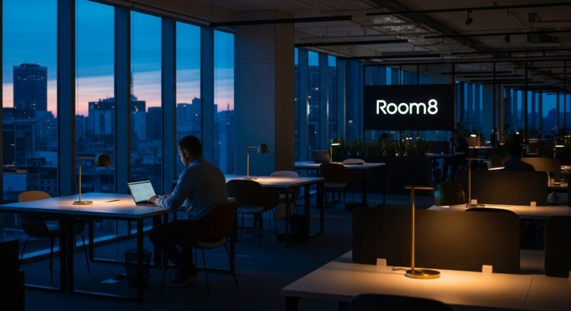 業務効率化に成功した起業家がコワーキングスペースで満足げに仕事をしている様子
