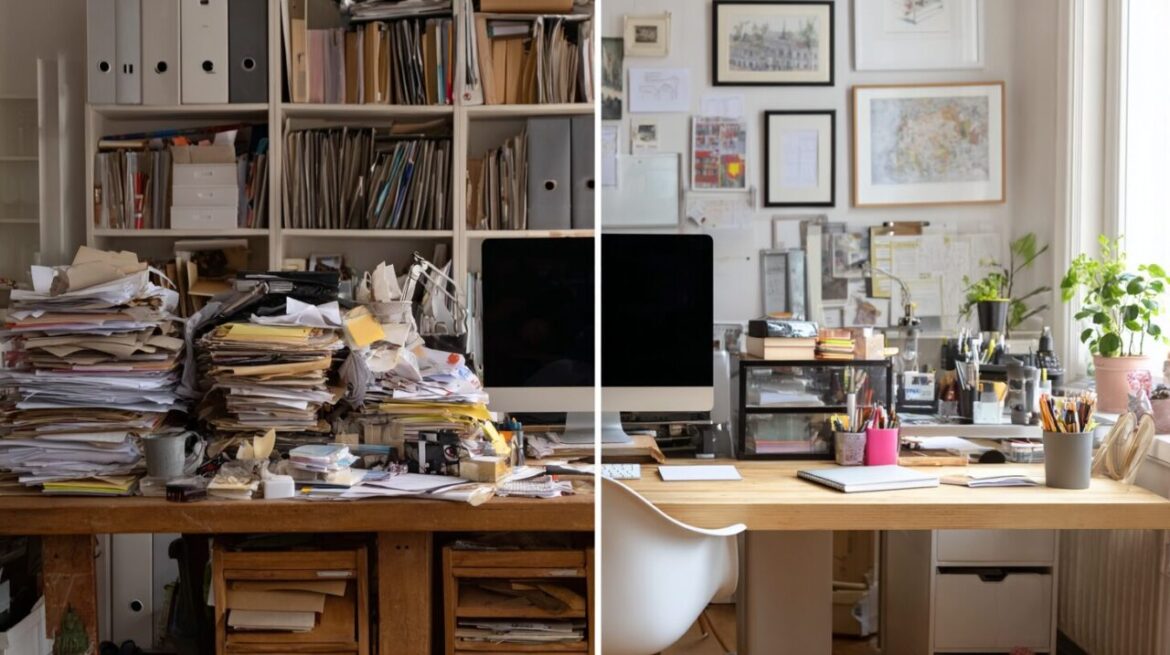 ブログ執筆ワークフローの改善前後の比較。散らかった状態から整理された効率的なシステムへの変化を表現