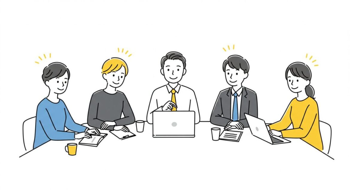 心理的安全性の高いチームミーティングを行うENFJリーダーのイラスト