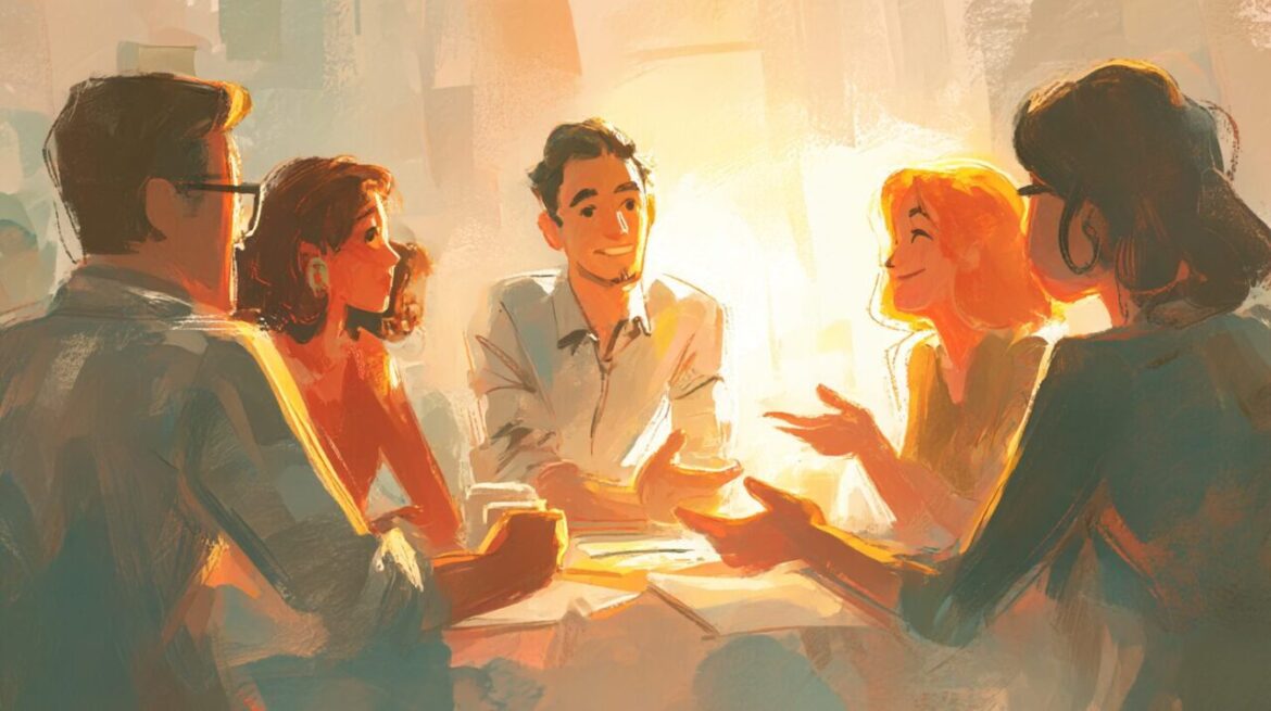 チームでブレインストーミングを行うENTP起業家のシーン