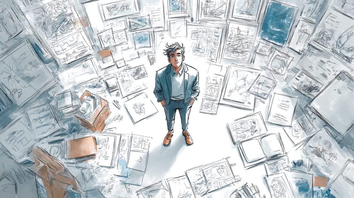 試行錯誤の中で方向転換を考えるENTP起業家を描いたイラスト