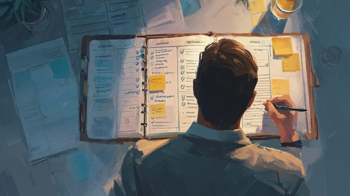 計画を見直しながら理想を現実化する起業家を描いたイラスト