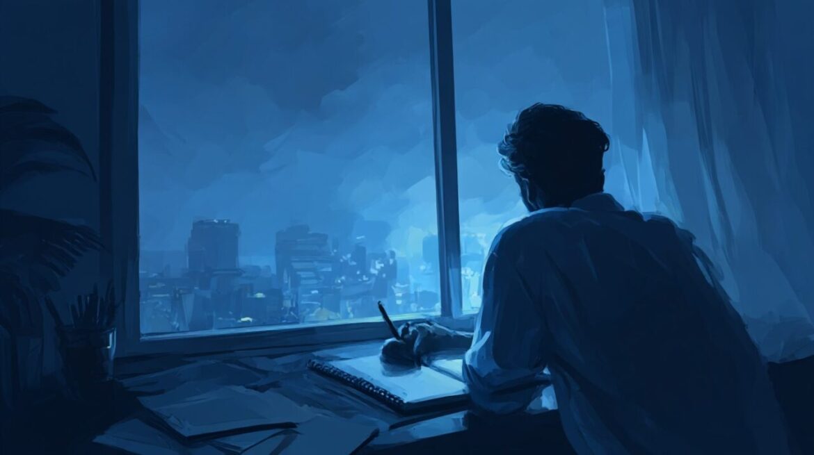 理想と現実のはざまで思索にふける起業家を描いたシーン