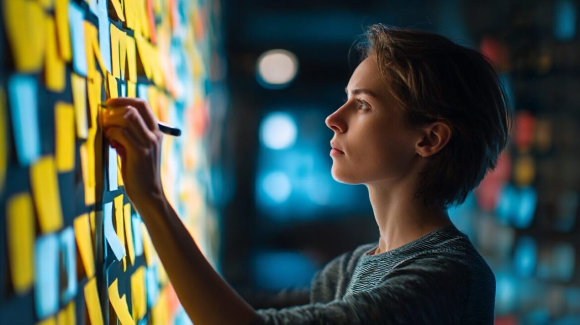 アイデアを構造化して現実に落とし込む起業家を描いたイラスト