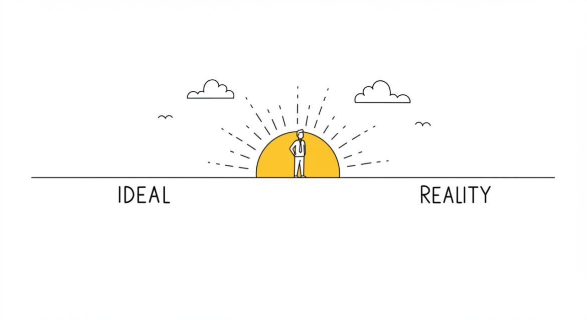 理想と現実をつなぐ橋の上で前を向くINFP起業家のイラスト