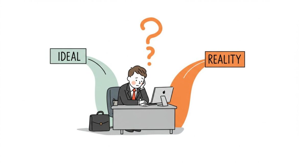 理想と現実の間で悩むINFP起業家のシンプルな線画イラスト