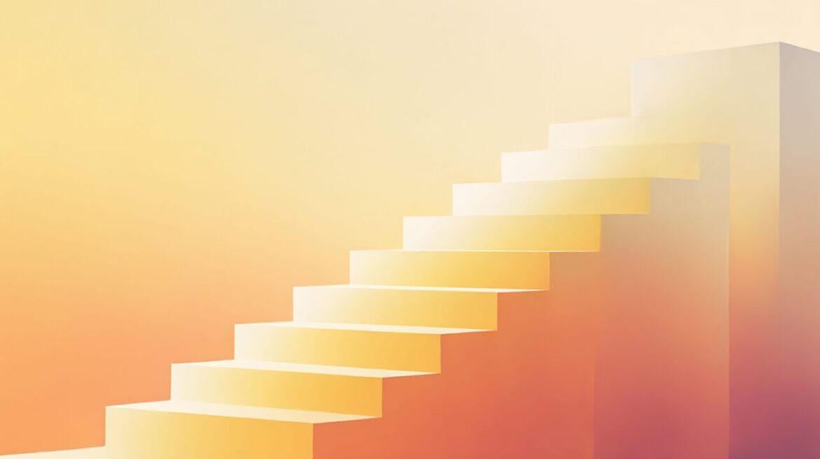 成長や思考の再構築を象徴する抽象的な階段と光のイメージ