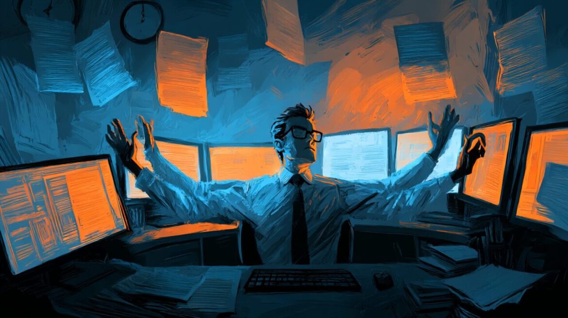 ENTJ起業家が全てを自分で抱え込み、制御しきれず苦悩する様子を描いたシネマティックなシーン