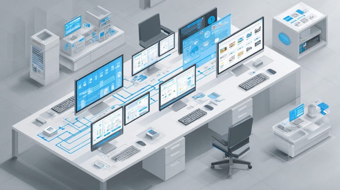 整理されたデジタルワークスペースで効率的な情報管理を行う様子。複数のモニターと整理されたデータフローを表現