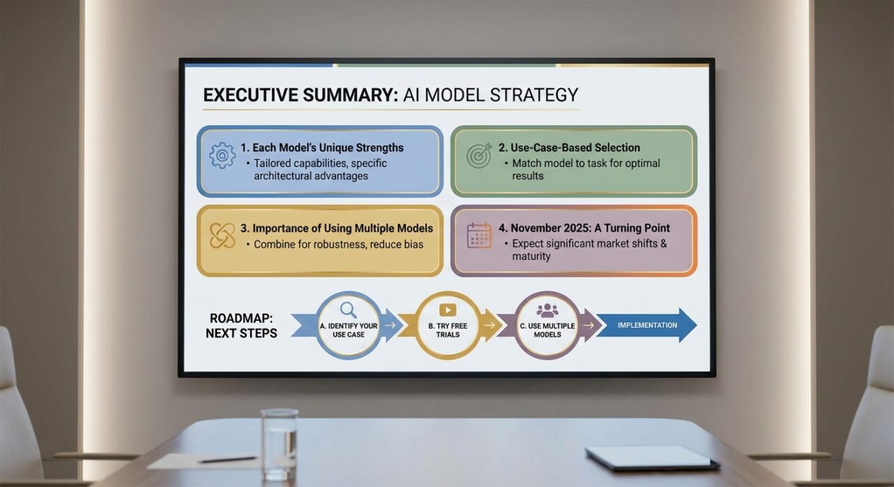 4強AIモデル比較記事のまとめ：各モデルの独自の強み、用途別の選択基準、使い分けの重要性、2025年11月の転換点を要点整理