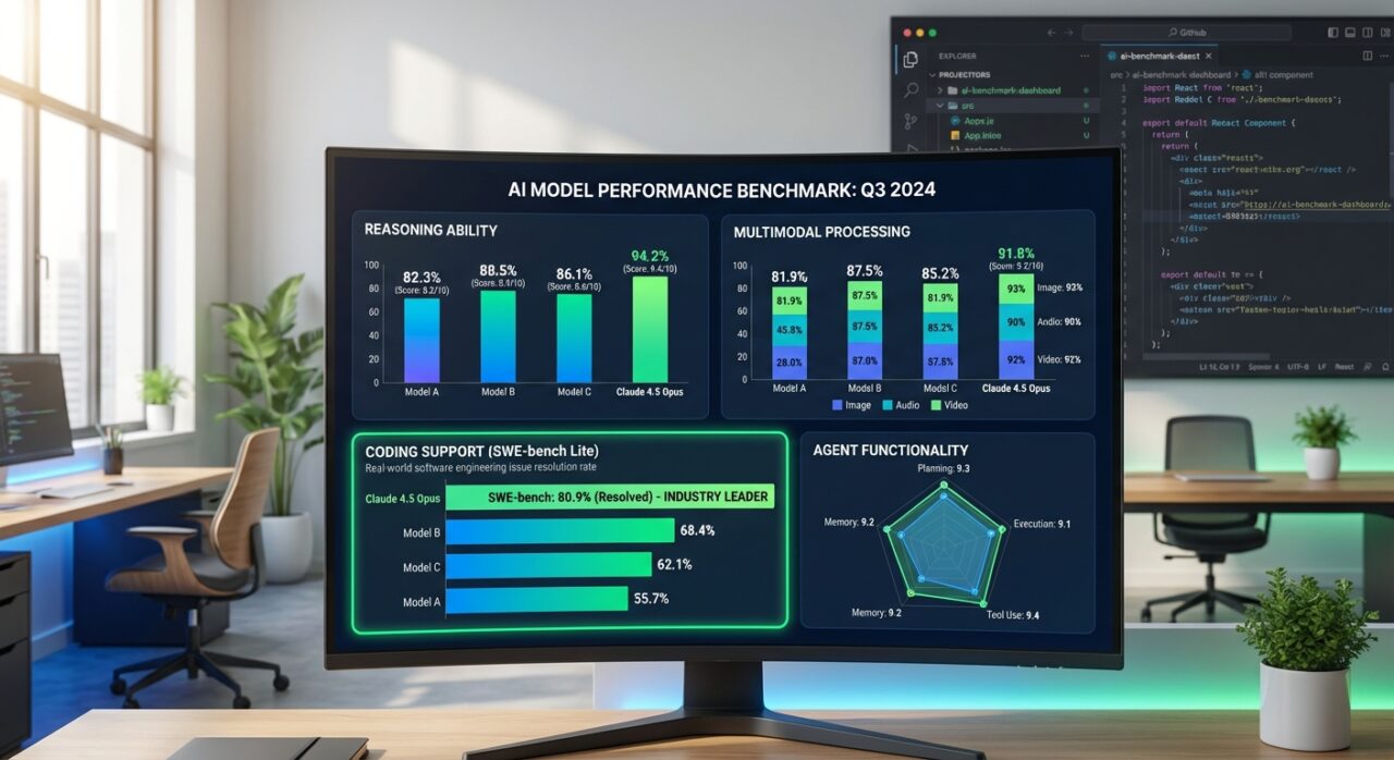 4強AIモデルの性能比較ダッシュボード：推論能力、マルチモーダル処理、コーディング支援、エージェント機能をグラフとチャートで可視化