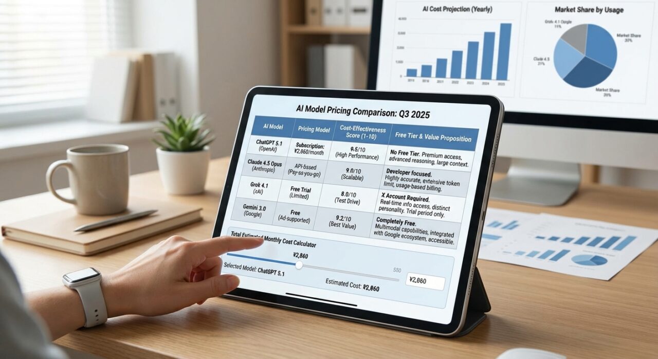 4強AIモデルの料金比較表：ChatGPT 5.1、Claude 4.5 Opus、Grok 4.1、Gemini 3.0の料金体系とコストパフォーマンスを比較