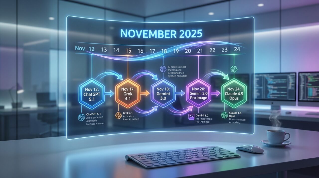 2025年11月のAIモデルアップデートタイムライン：ChatGPT 5.1、Grok 4.1、Gemini 3.0、Claude 4.5 Opusのリリース日を示すカレンダー