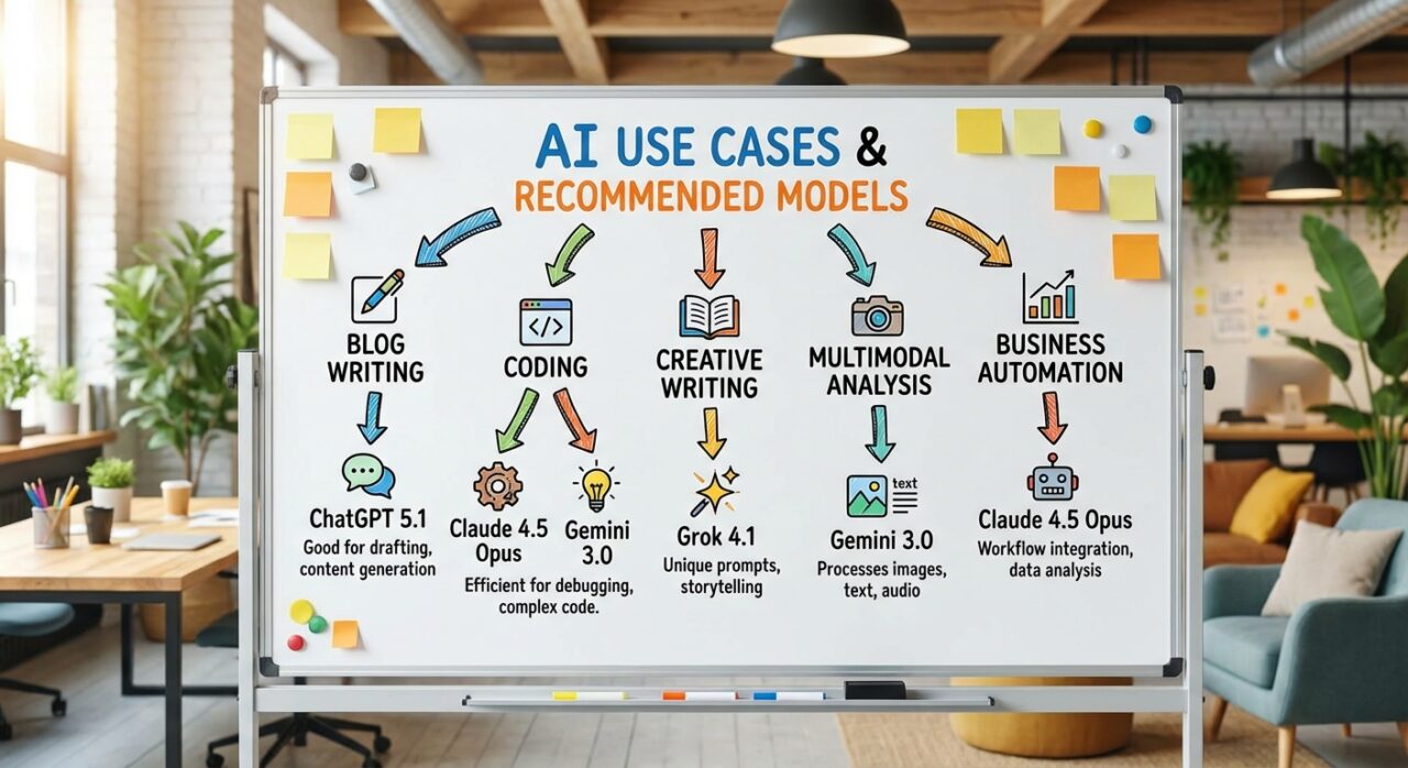 用途別AIモデル選択の決定ツリー：ブログ執筆、コーディング、創作活動、マルチモーダル解析など用途に応じた推奨モデルをフローチャートで表示